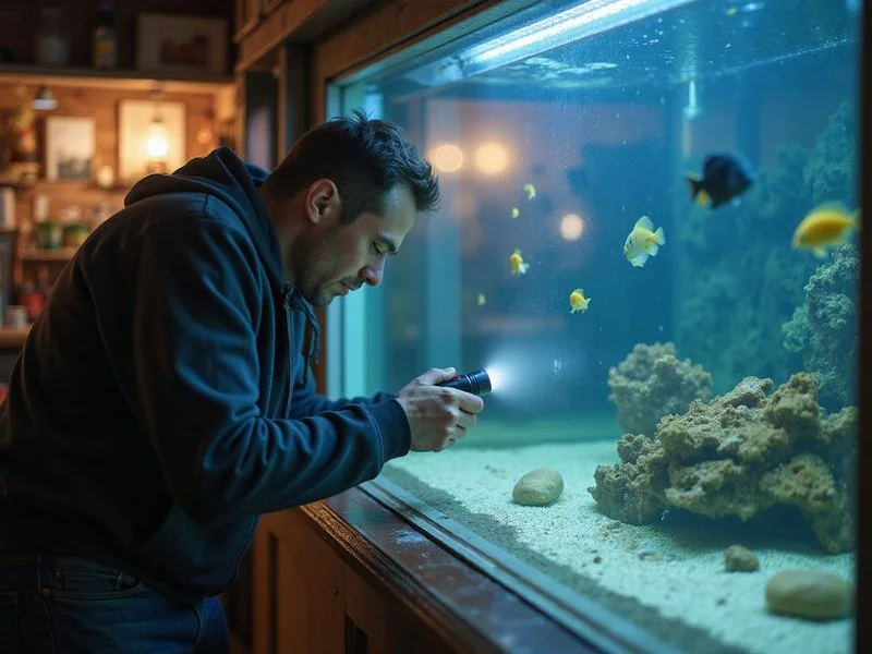 Marcus inspecting a freshwater display tank with a flashlight