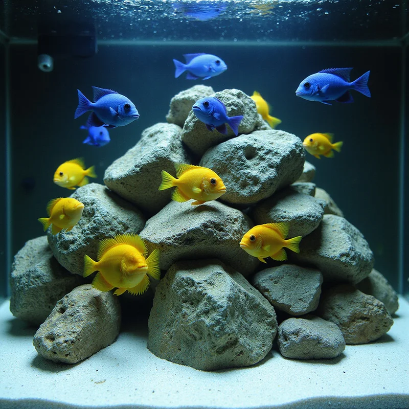 African Mbuna cichlid tank with rockwork