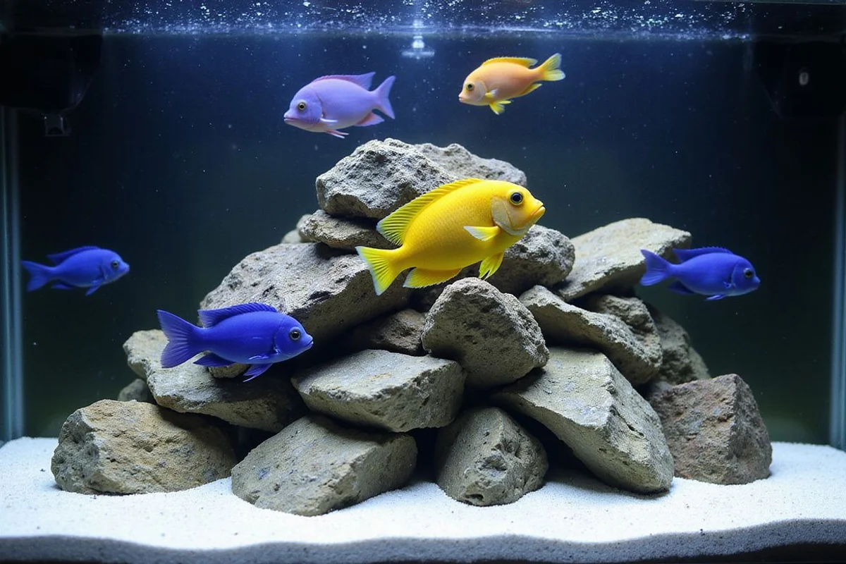 African Mbuna cichlid tank with vibrant fish over piled rockwork