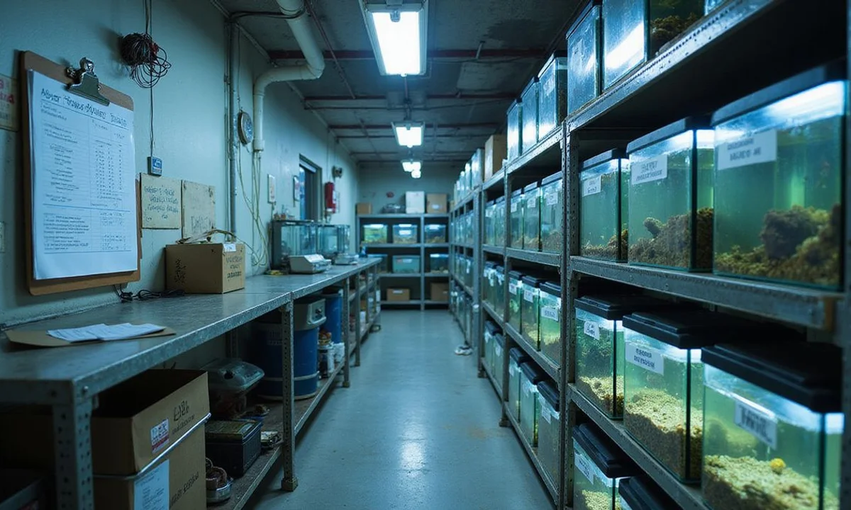 Behind-the-scenes saltwater quarantine room with rows of small tanks and treatment logs