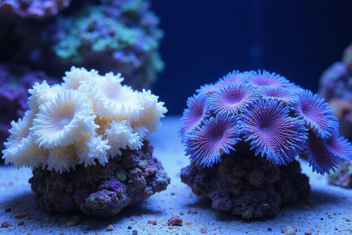 Bleached SPS coral next to a healthy coloured coral