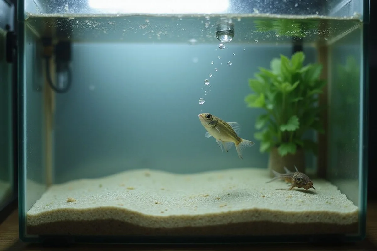 Cloudy new aquarium with one stressed fish at the surface