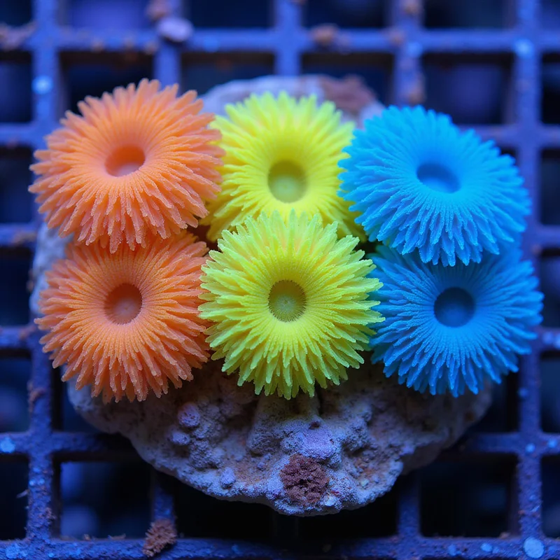 Vibrant zoanthid coral colonies under reef lighting