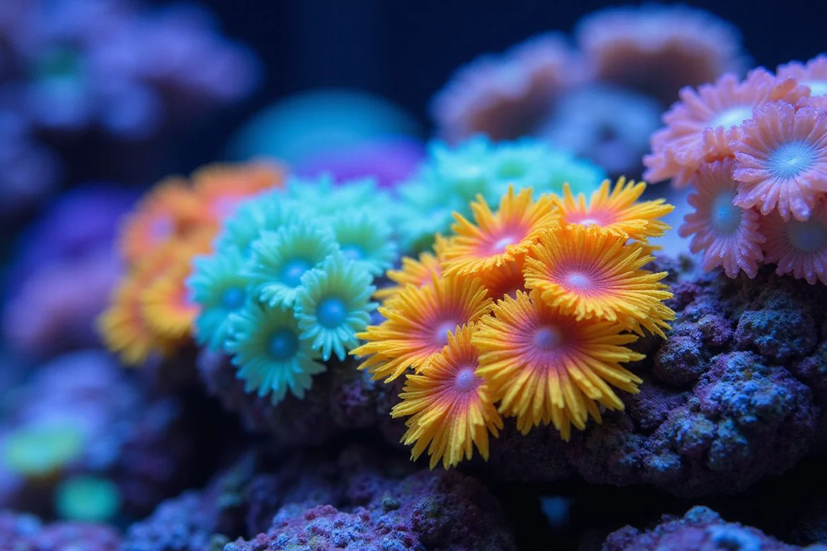 Cluster of vibrant zoanthid coral colonies under reef lighting