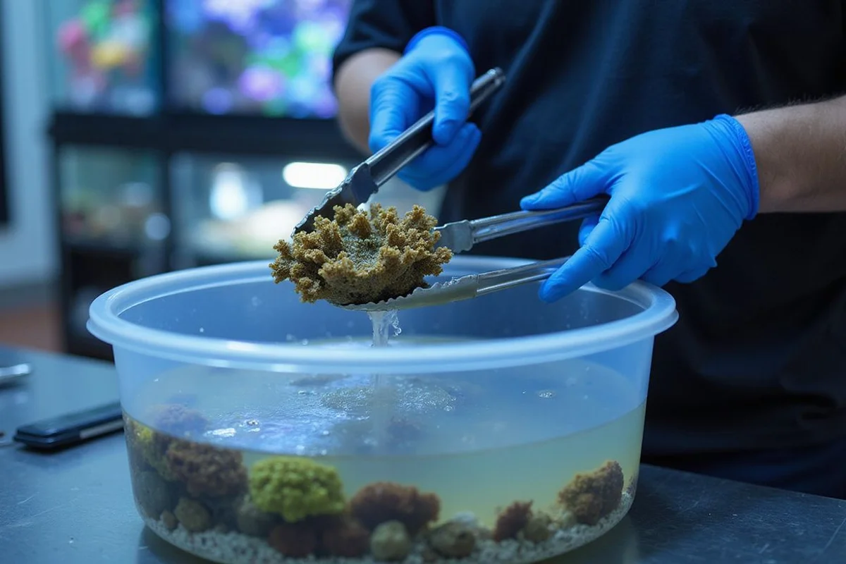 Coral frag being dipped in a clear container with tongs