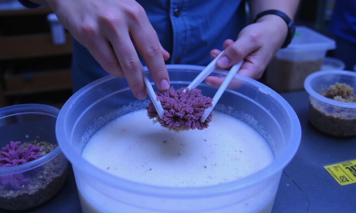 Coral frag being dipped on intake with tongs and clear container, candid documentary photo