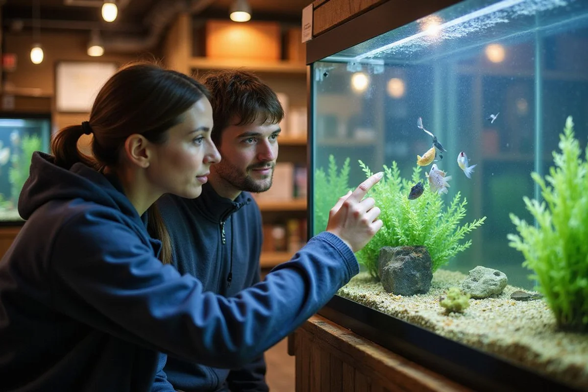 Customer and staff discussing compatibility in front of a planted tank