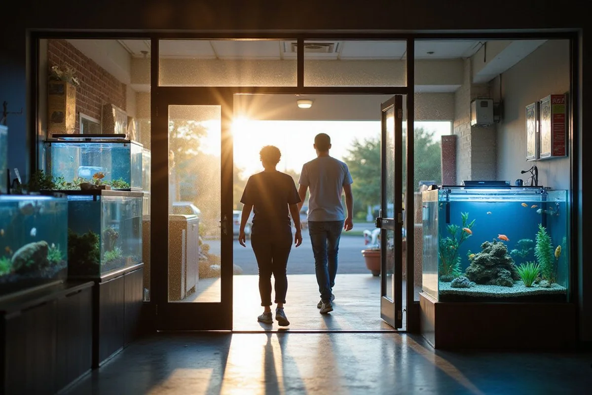 Customer walking into Gulf Coast Aquatics' main entrance