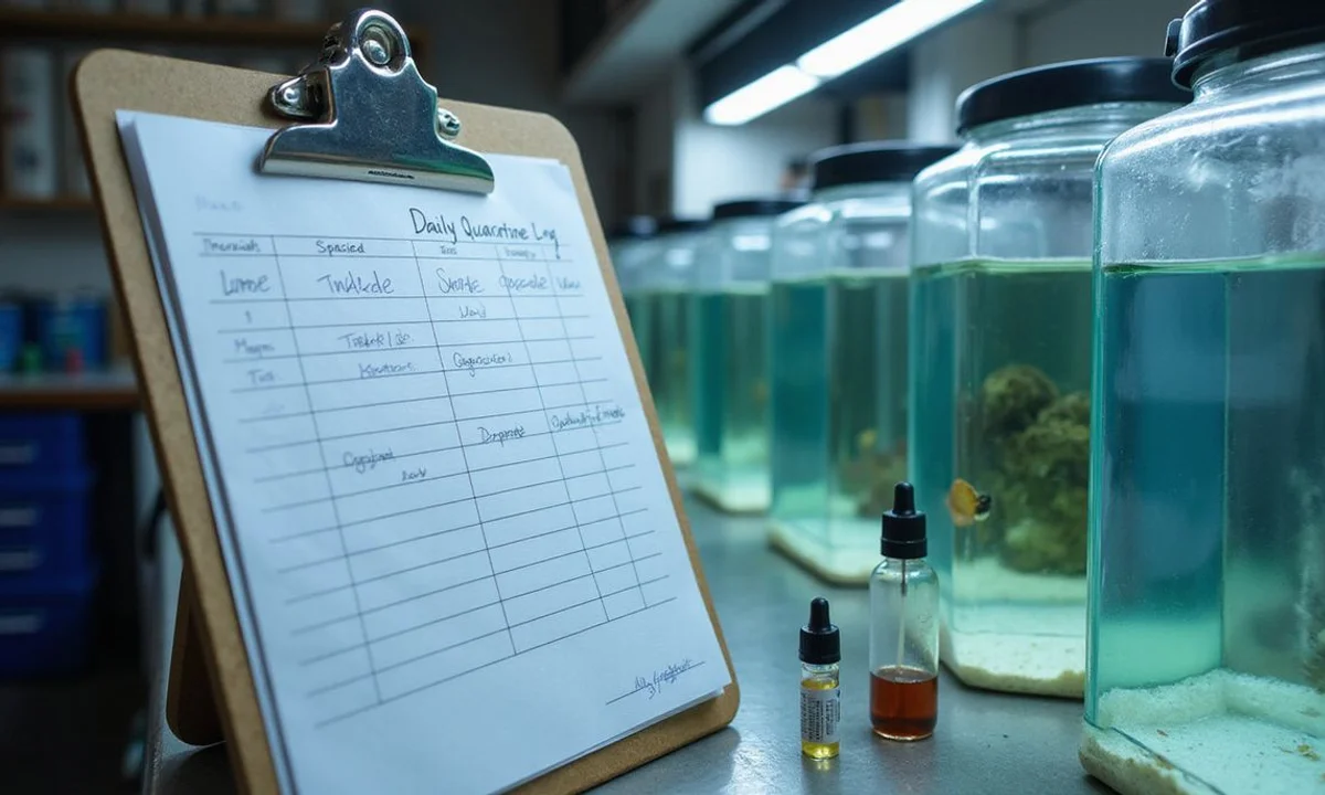 Daily log sheet next to quarantine system with notes and test vials