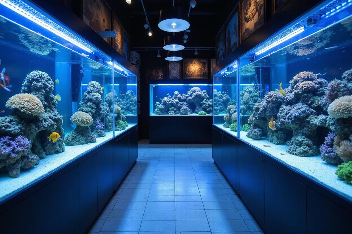 Dedicated saltwater room at Gulf Coast Aquatics with marine display tanks