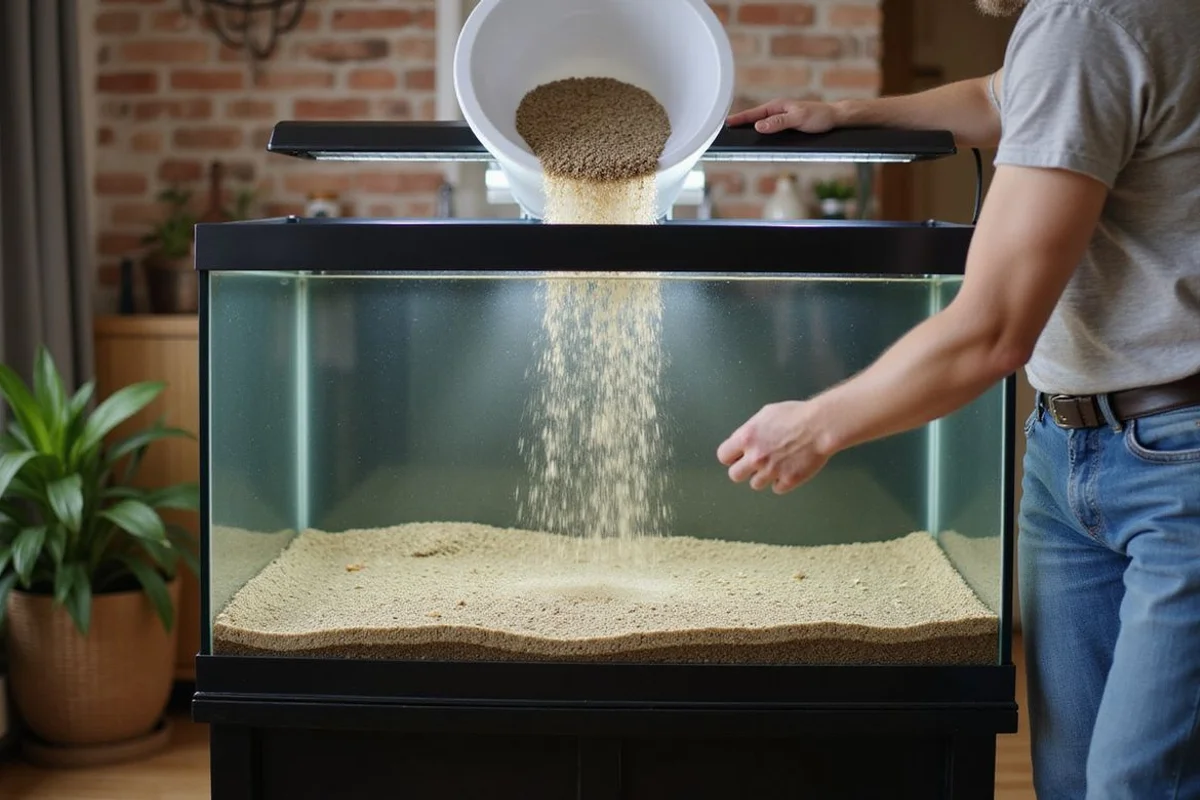 Empty 29-gallon tank on a stand with substrate being added