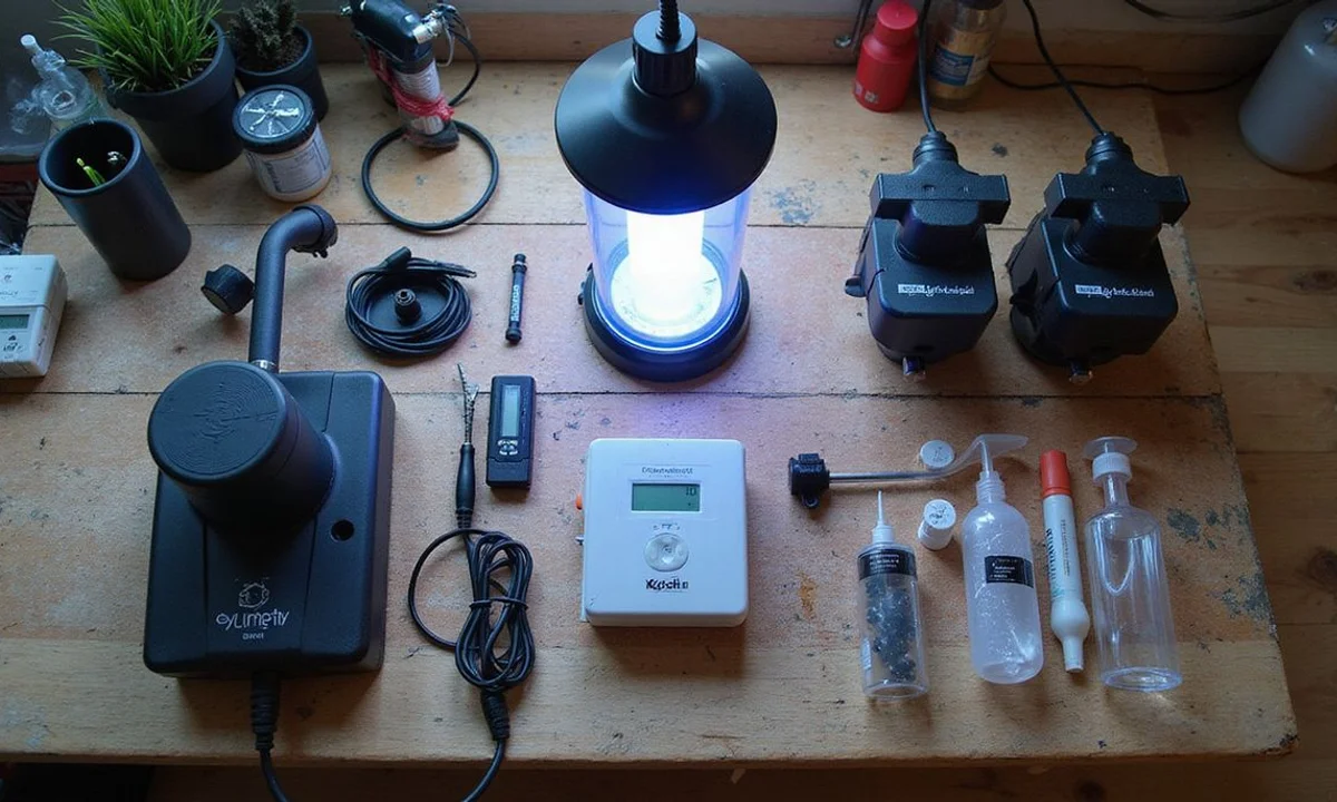 Reef tank equipment laid out on a workbench