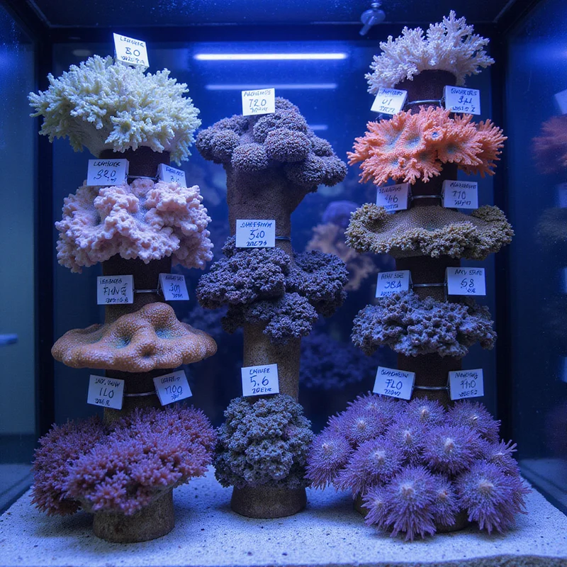 Frag rack with labelled soft coral frags
