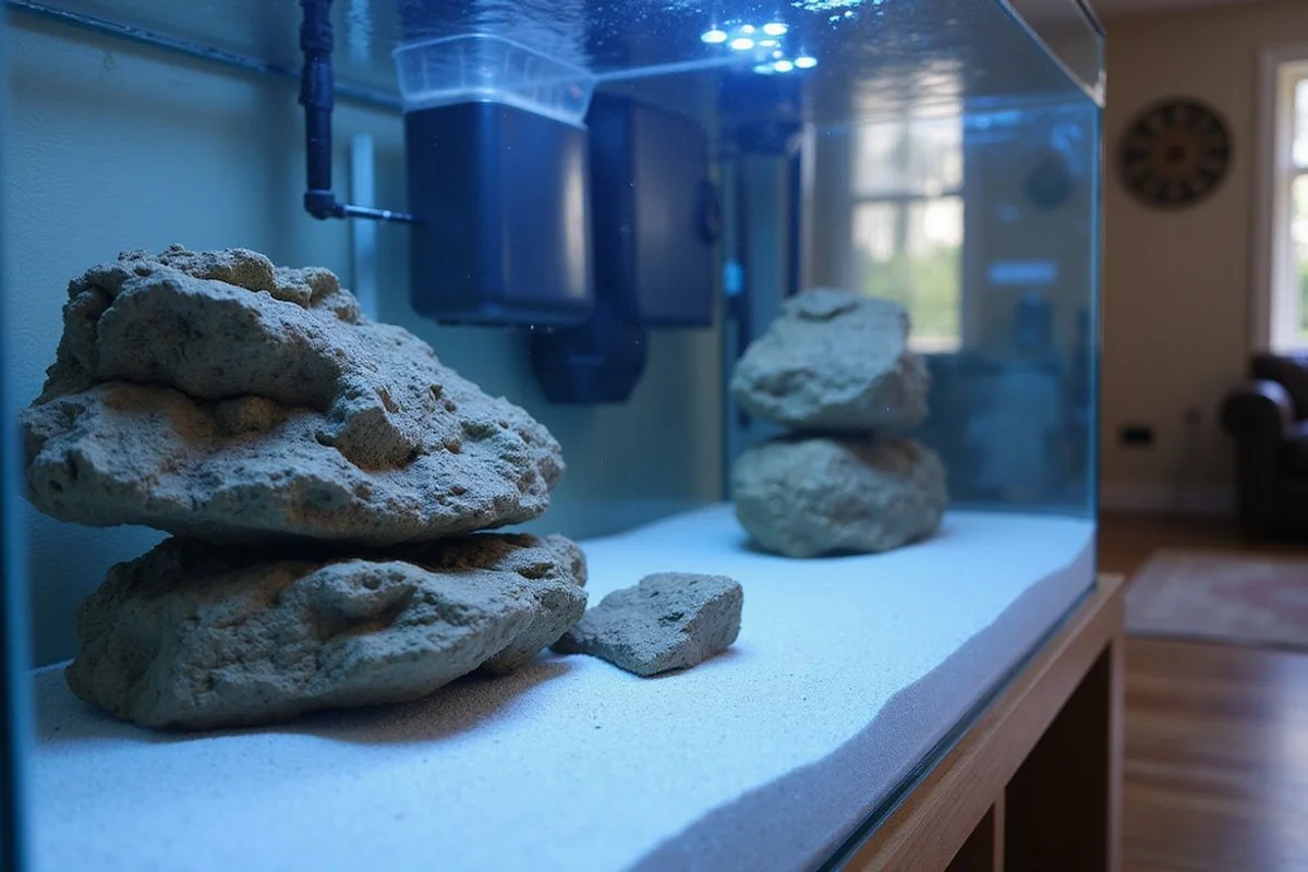 Freshly set up saltwater aquarium with live rock