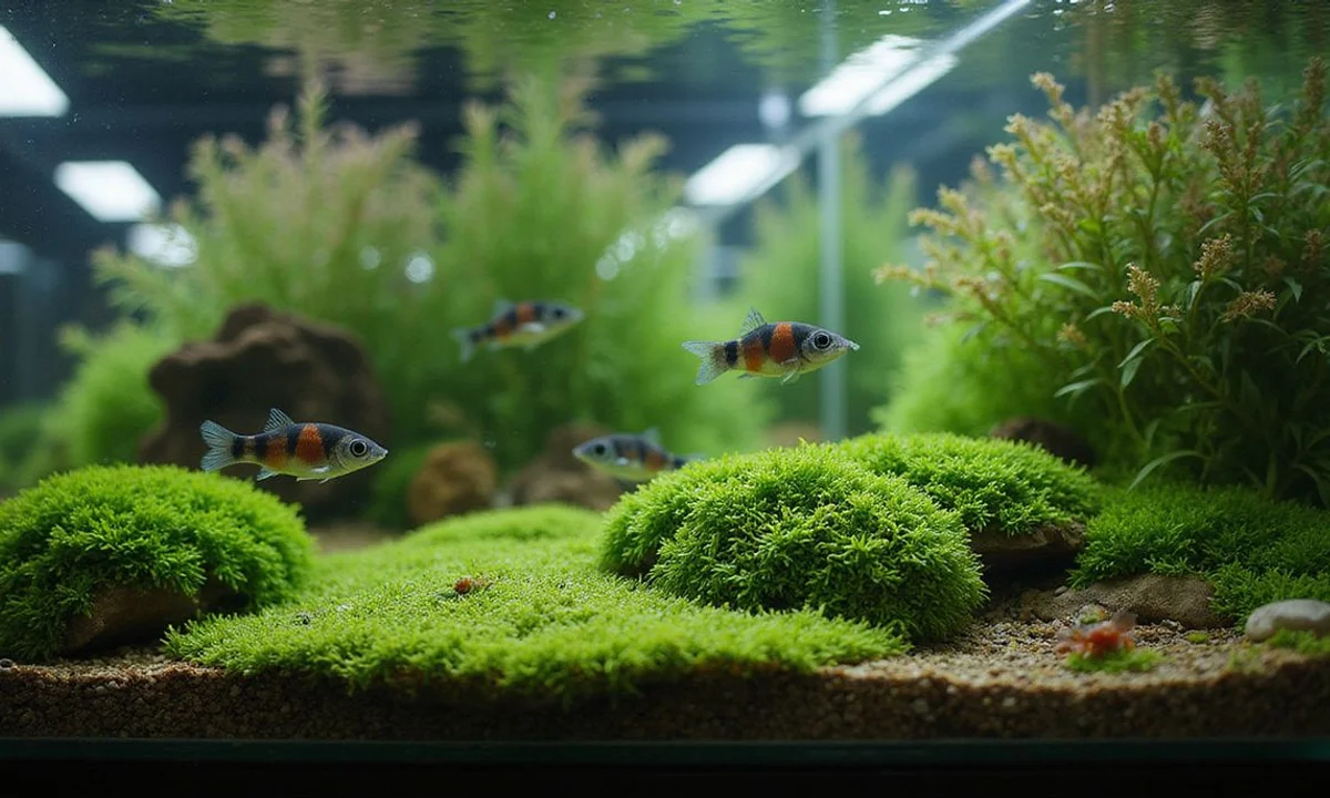 Freshwater wall close-up showing community tank with rasboras, corydoras and shrimp under planted aquascape