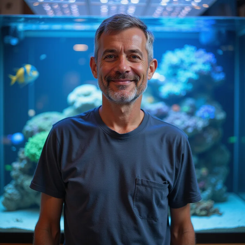 Marcus Chen, owner of Gulf Coast Aquatics, standing in front of a reef display tank