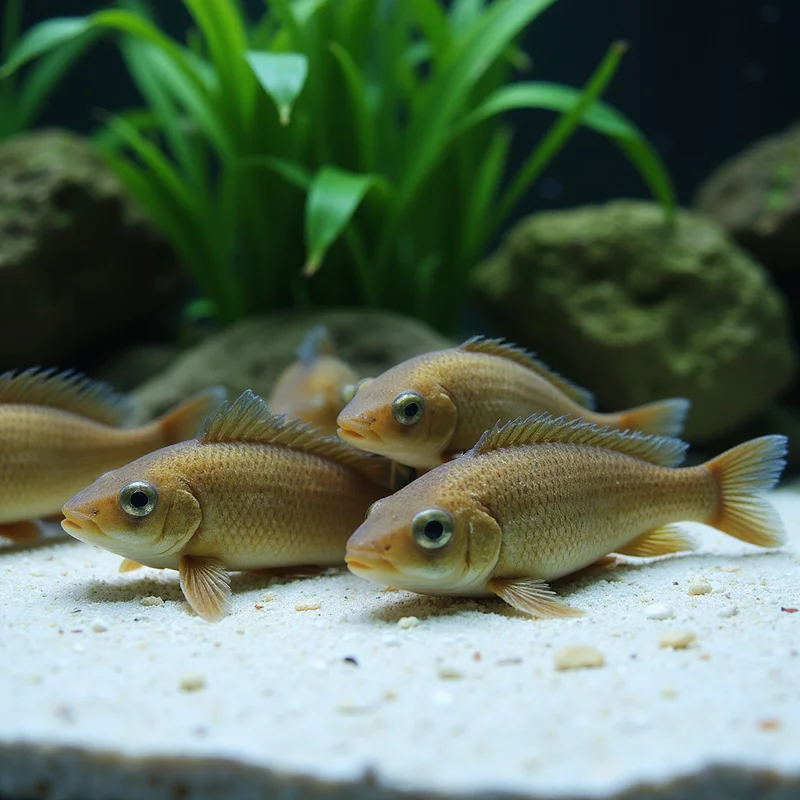 Group of corydoras catfish on a sandy aquarium bottom