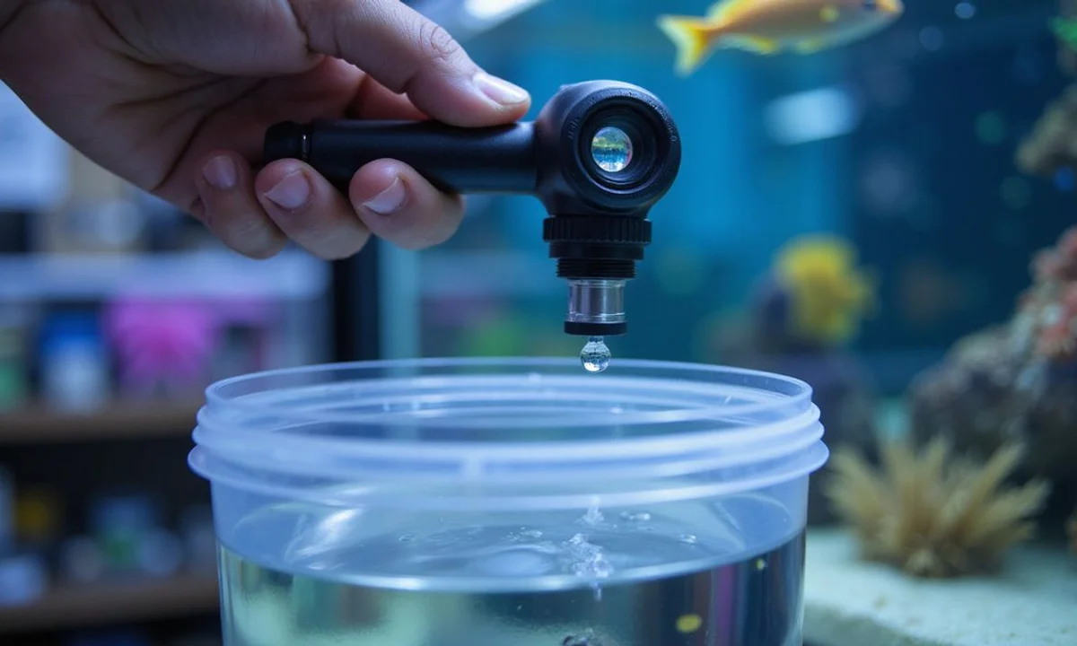 Hand holding refractometer over a bucket of saltwater