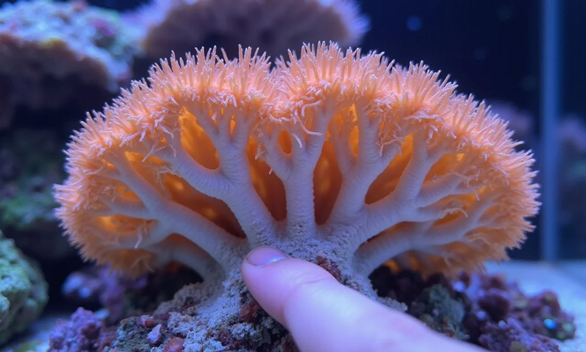 Hand pointing at receding coral tissue base