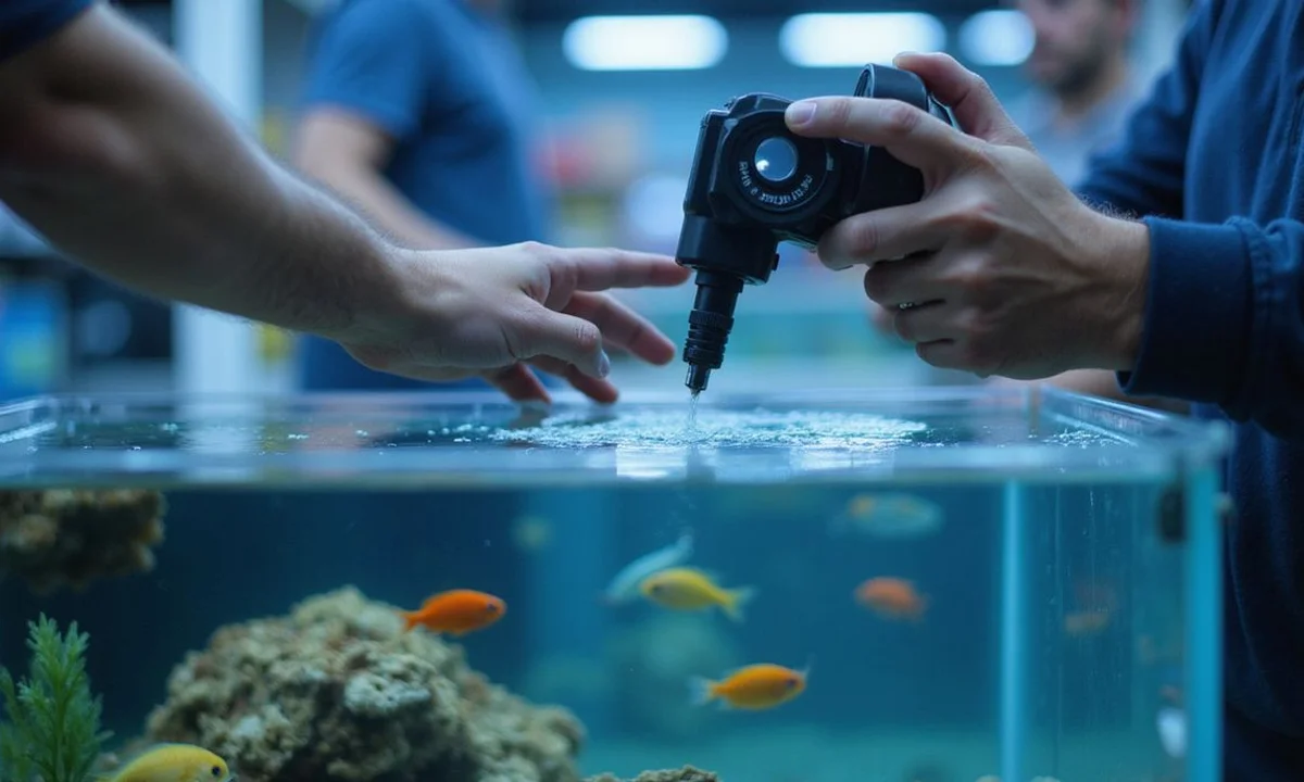 Hand holding a refractometer over a quarantine tank, close-up