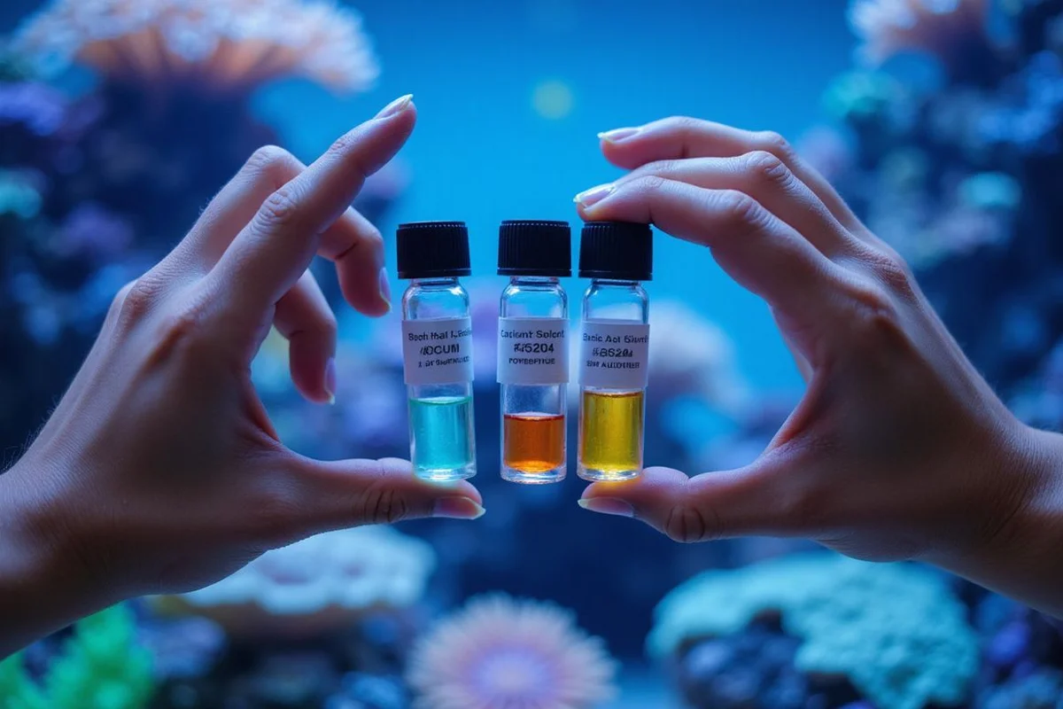 Hands holding multiple test kit vials in front of a reef tank