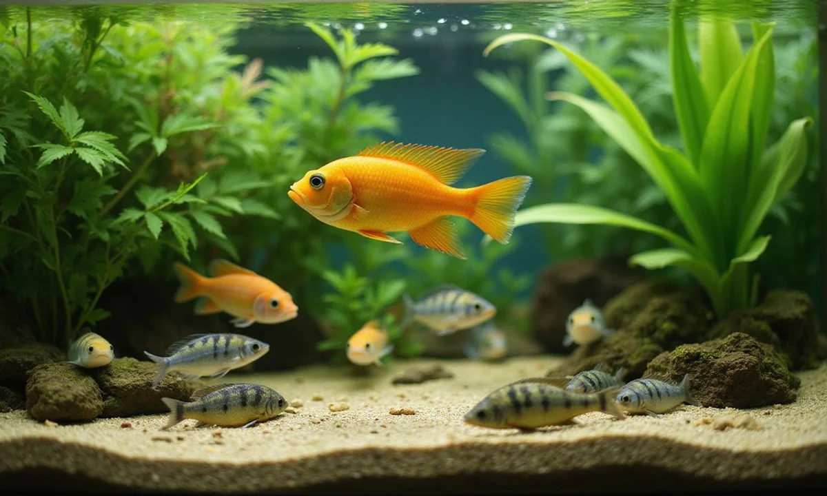 Honey gourami at water surface with tetras below