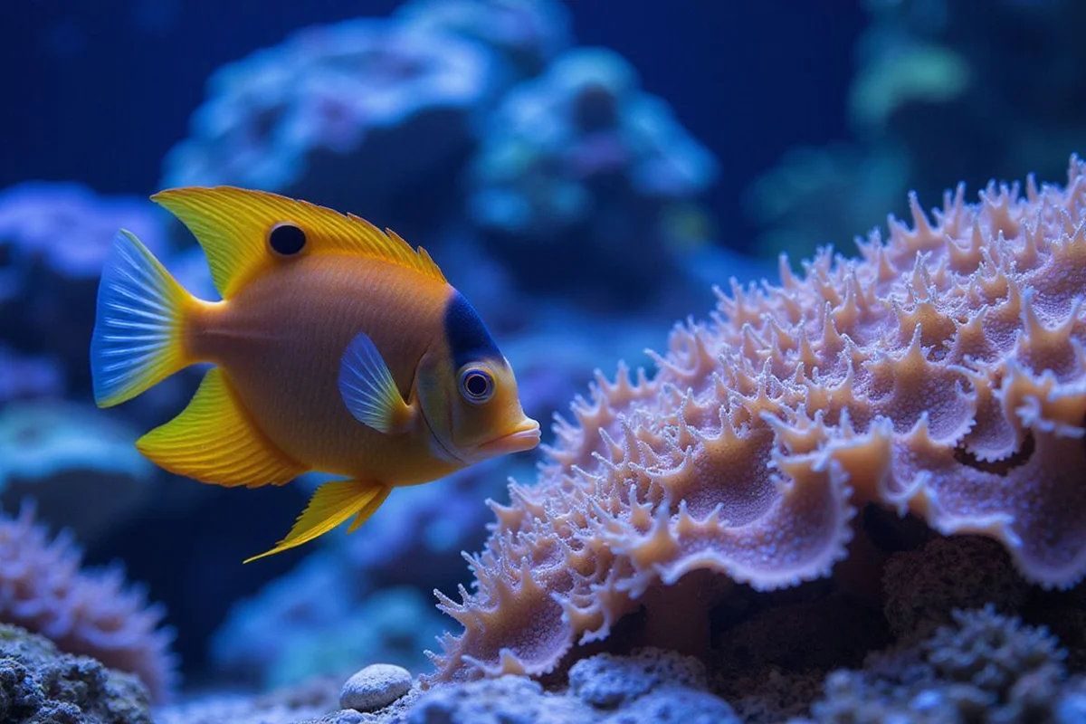 Large angelfish next to delicate LPS coral