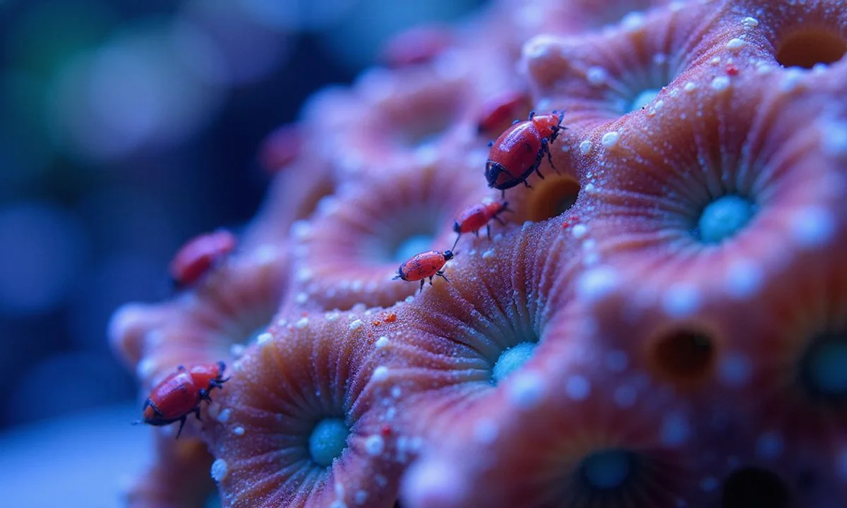 Magnified shot of acropora red bugs on coral tissue