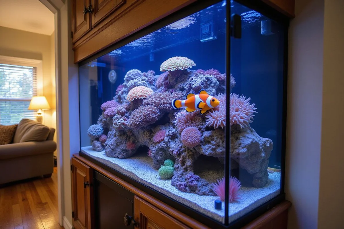 Mature 75-gallon reef tank in a Sarasota living room