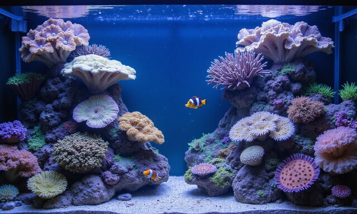 Mature reef tank with diverse corals