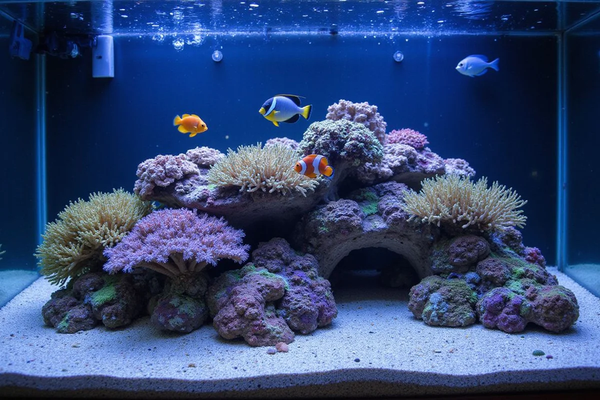 Mature reef tank with healthy livestock