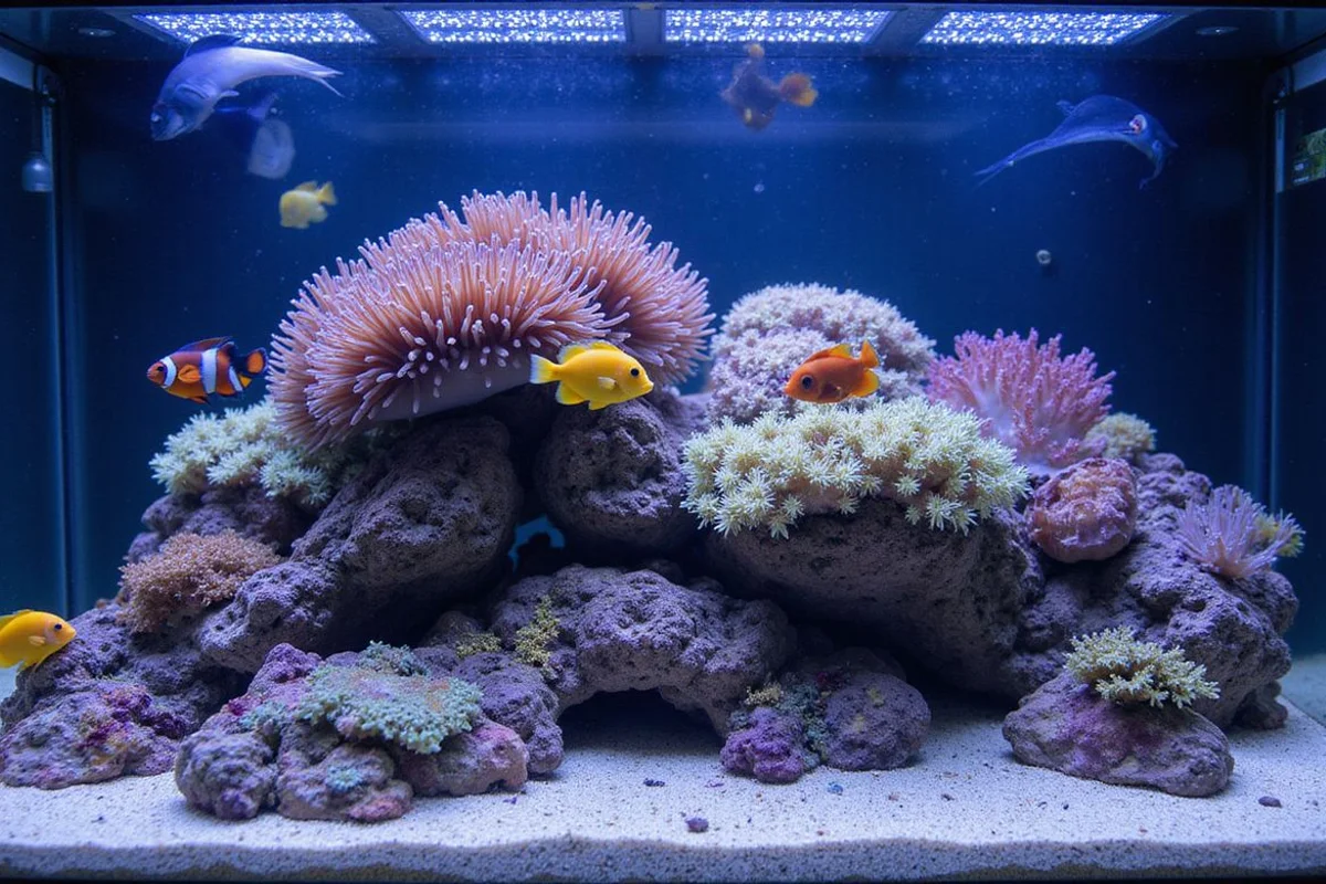 Mixed reef tank with multiple healthy fish swimming over corals