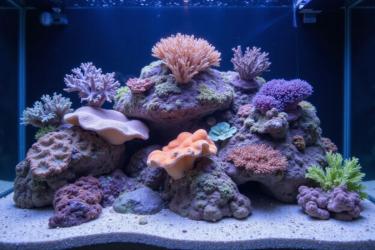 Mixed reef tank with all three coral types visible