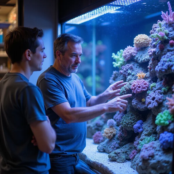 Owner Marcus talking with a customer at the coral wall