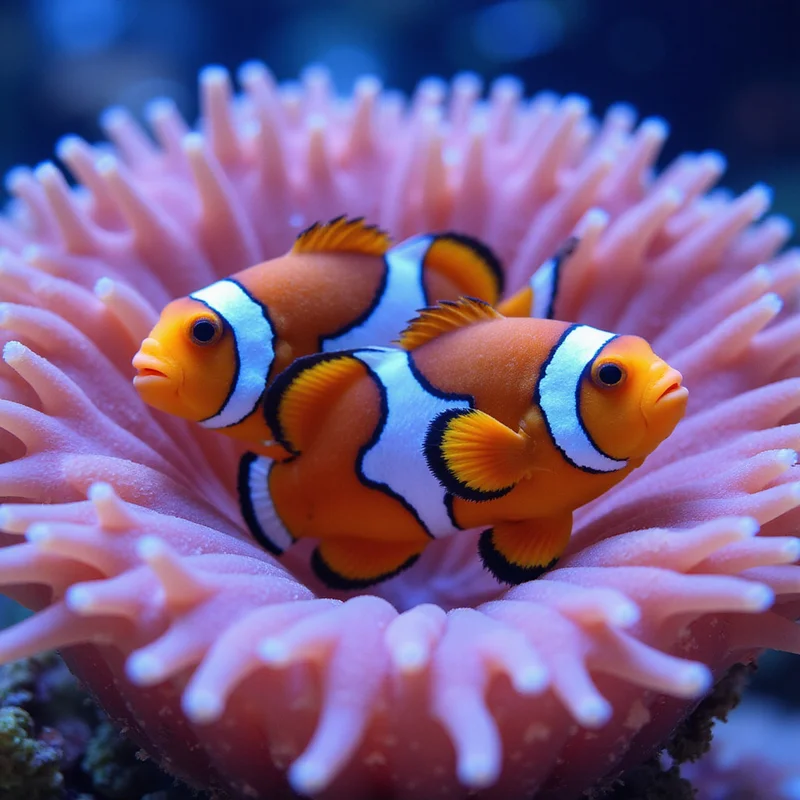 Captive-bred clownfish pair in a pink anemone