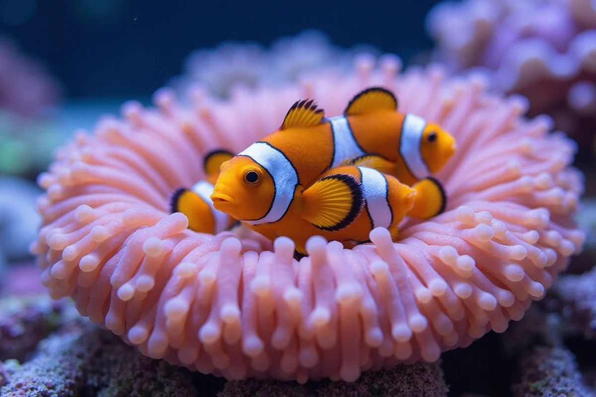 Captive-bred clownfish pair in a pink anemone