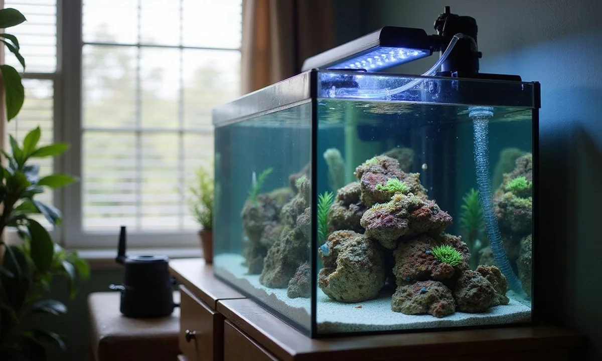 Reef tank in a home with windows visible