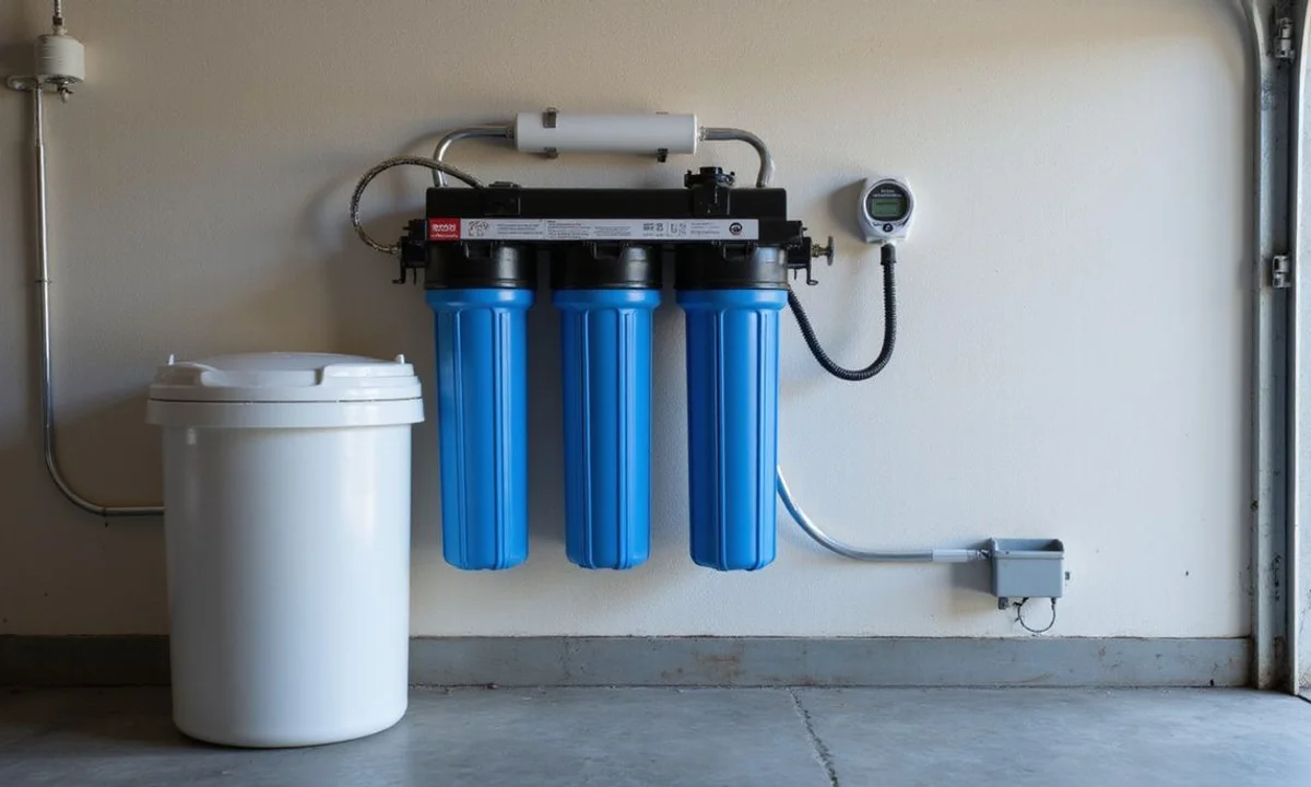 RO/DI water filtration unit mounted in a garage