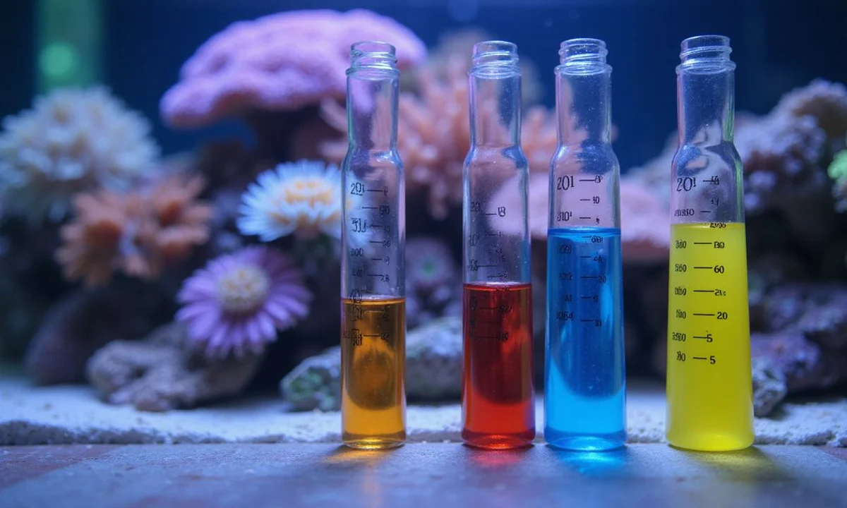 Salifert test kit with readings next to a reef tank
