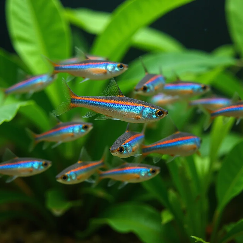 School of neon tetras in a planted tank