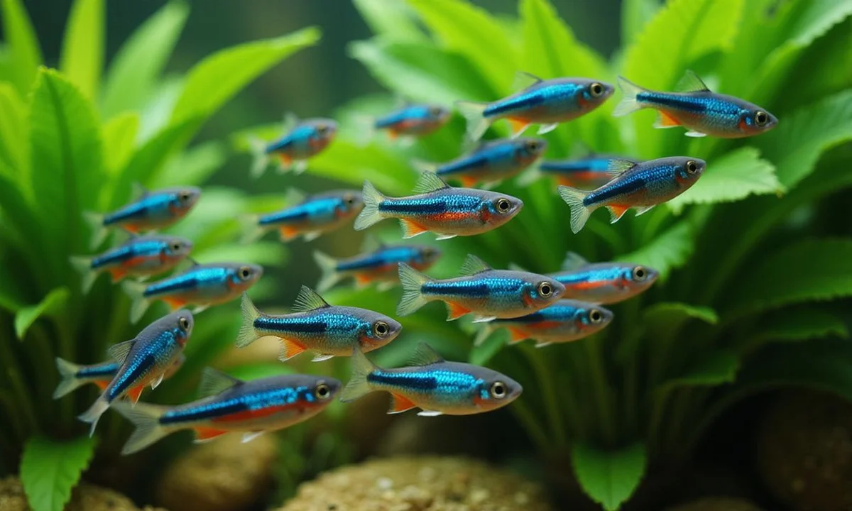 School of neon tetras in a planted tank