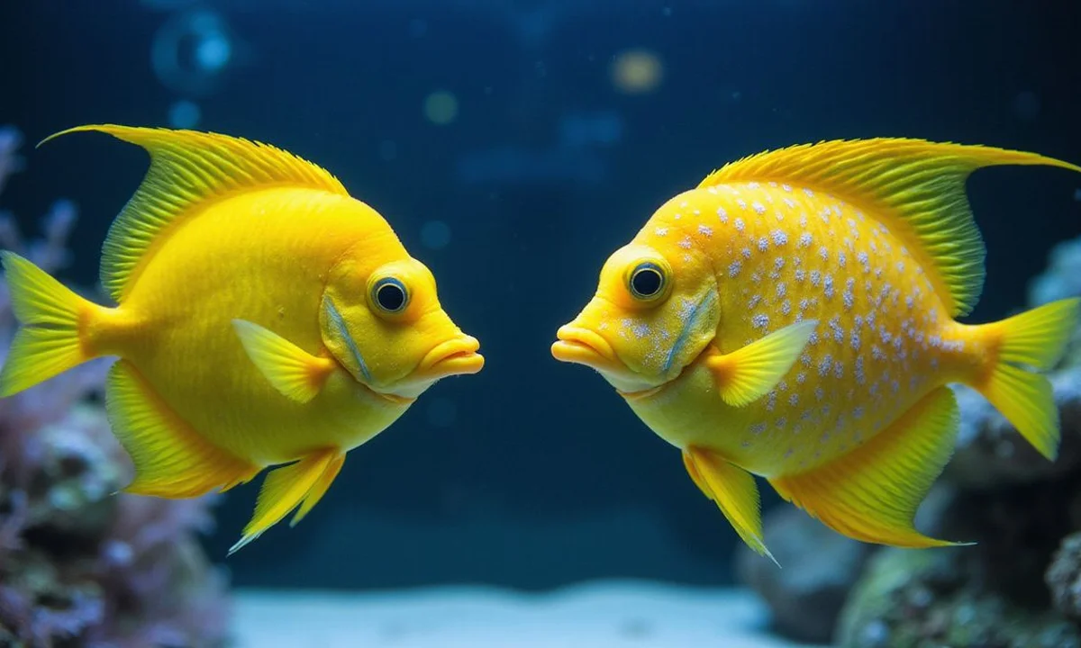 Healthy tang next to tang with visible ich spots