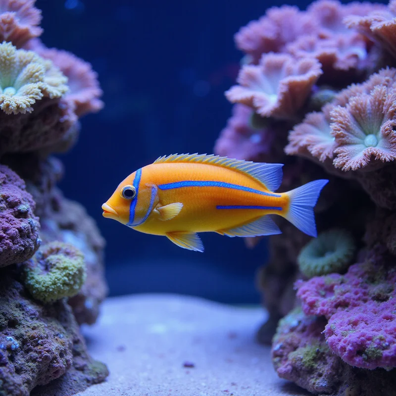 Six-line wrasse swimming through a coral colony