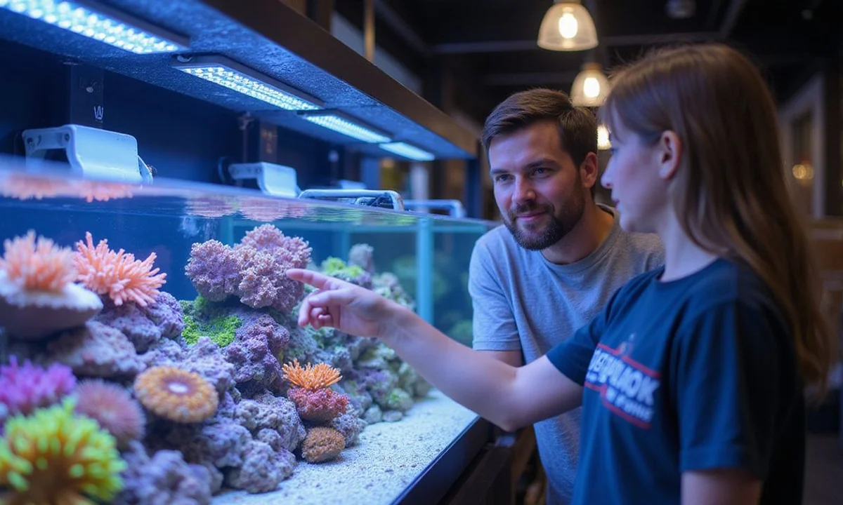 Specialty store staff talking to customer at the coral wall