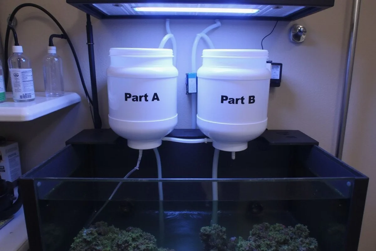 Two dosing containers with tubes feeding into a reef sump