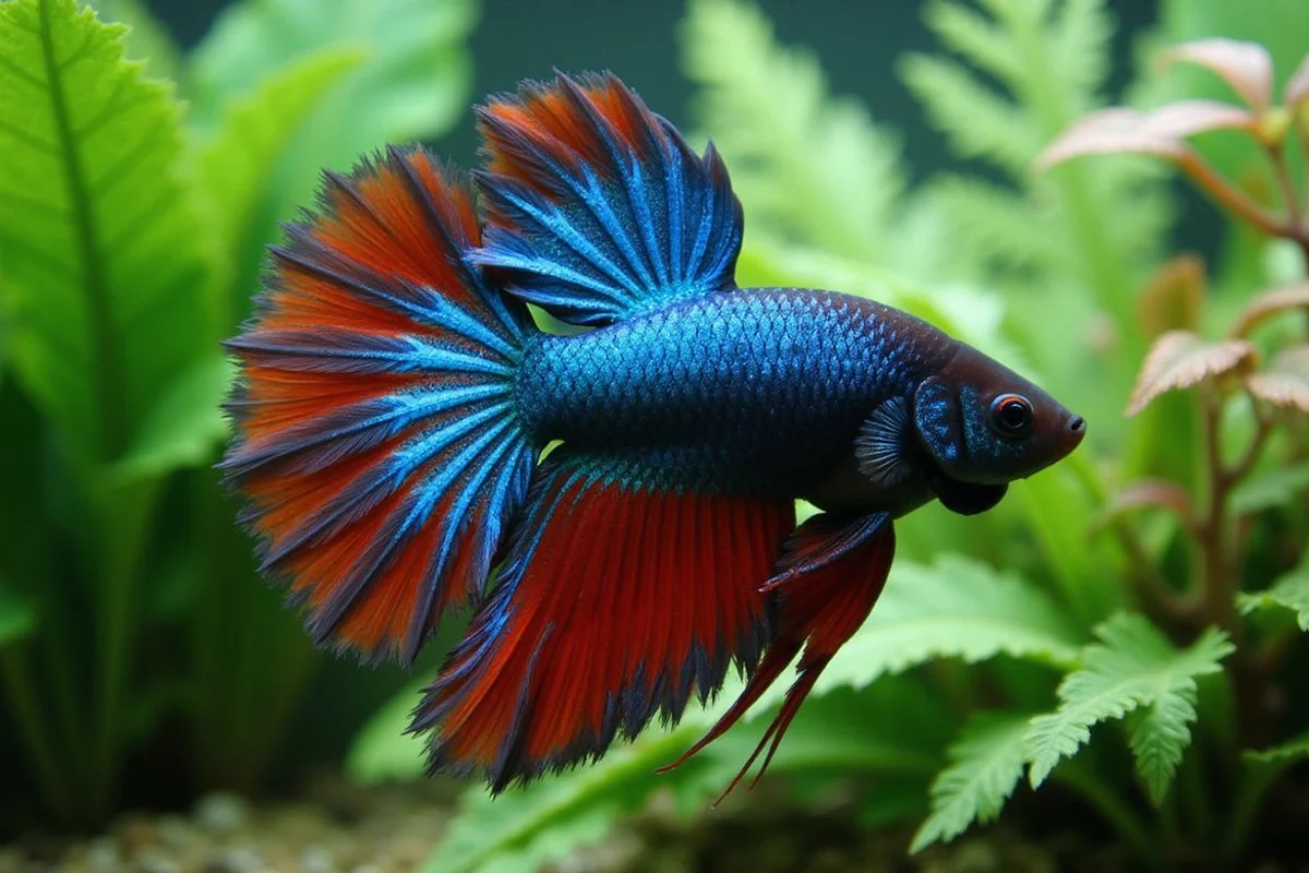 Veil-tail betta with fins spread in a planted tank