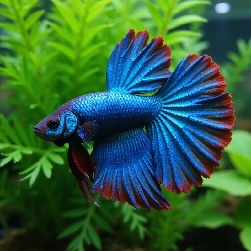 Veil-tail betta with fins spread in a planted tank