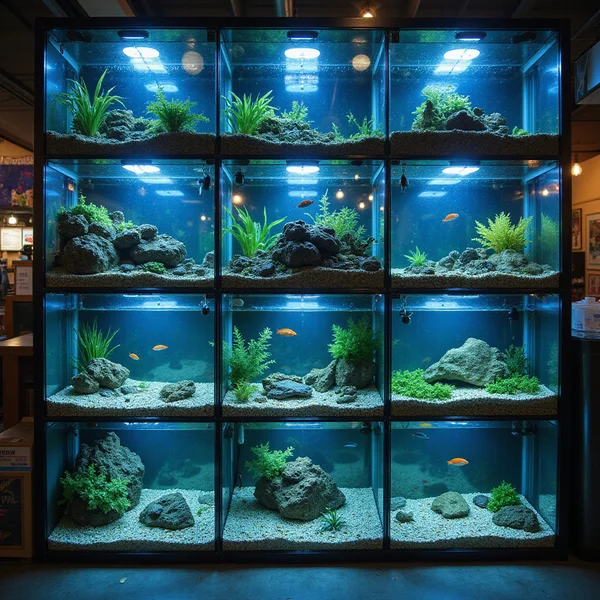 Wall of lit freshwater display aquariums