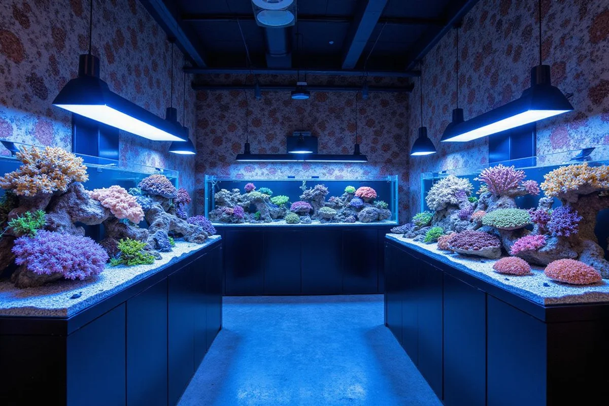 Dedicated coral room at Gulf Coast Aquatics with frag racks under reef lighting