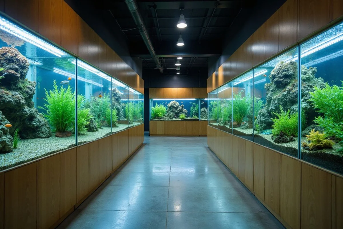 Freshwater section at Gulf Coast Aquatics with planted community tanks
